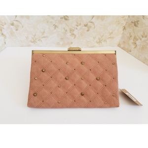NWT Rachel Roy Beige Tan Gold Studded Quilted Clutch Purse Leather